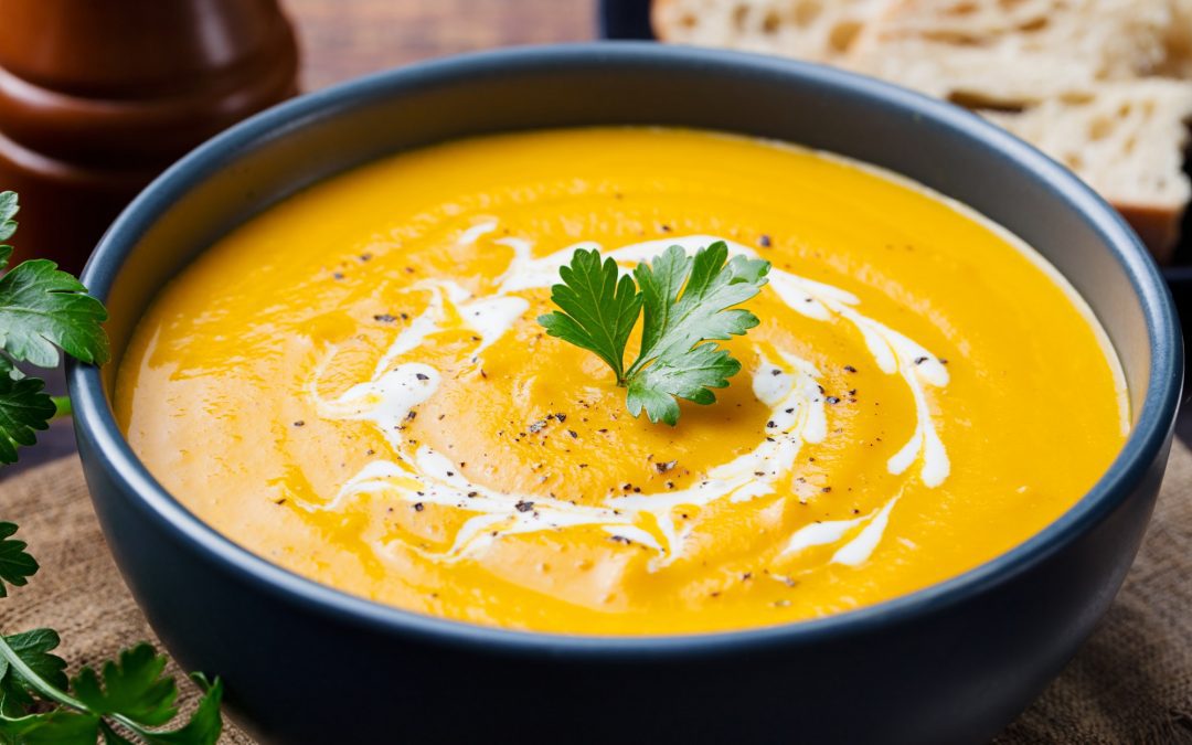 Pumpkin and carrot soup with cream and parsley